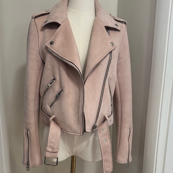 Womenβs Zara Basic Light Pink Faux Blush Faux Suede Zip Up Moto Jacked Size M - Picture 4 of 16